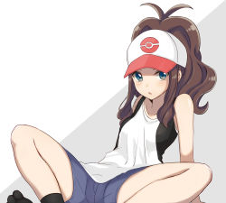 Rule 34 | 1girl, :o, arm support, bare arms, bare shoulders, baseball cap, black legwear, black vest, blue eyes, blue shorts, blush, breasts, brown hair, collarbone, creatures (company), crotch, denim, denim shorts, game freak, hat, high ponytail, highres, hilda (pokemon), leaning back, long hair, looking at viewer, m legs, nintendo, open mouth, poke ball print, pokemon, pokemon bw, ponytail, print headwear, ririse, short shorts, shorts, sidelocks, sitting, sleeveless, small breasts, solo, spread legs, tank top, vest, white background