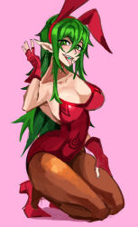 Rule 34 | 1girl, animal ears, armpits, blush, breasts, cleavage, collarbone, fangs, fingerless gloves, fire emblem, gloves, green eyes, green hair, hair between eyes, hand on own thigh, high heels, highres, kneeling, large breasts, leotard, long hair, looking at viewer, nintendo, open mouth, pantyhose, pink background, playboy bunny, rabbit ears, red footwear, red gloves, red leotard, saiykik, smile, solo, teeth, tiki (fire emblem), tongue, tongue out, unfinished, very long hair