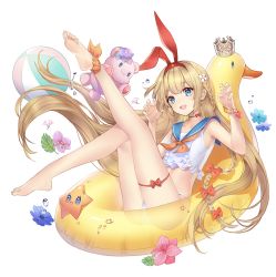 Rule 34 | 1girl, ball, barefoot, beachball, blonde hair, blue eyes, braid, feet, hairband, innertube, long hair, looking at viewer, mahjong soul, mikami chiori, open mouth, simple background, soles, solo, stuffed animal, stuffed toy, swim ring, toes, white background