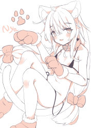Rule 34 | 1girl, ahoge, animal ear fluff, animal ears, animal hands, bad id, bad pixiv id, bare shoulders, bikini, blush, bow, breasts, cat ears, cat girl, cat tail, collar, commentary request, fur-trimmed footwear, fur-trimmed gloves, fur trim, gloves, hair between eyes, hair bow, highres, knees up, long hair, looking at viewer, low twintails, micro bikini, minato yu (0514), monochrome, nipples, original, paw gloves, paw shoes, shoes, side-tie bikini bottom, simple background, small breasts, solo, swimsuit, tail, twintails, very long hair, white background