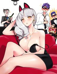 Rule 34 | 1girl, 5boys, alcohol, alternate costume, bare shoulders, black dress, black mask, black necktie, blush, breasts, carmilla (fate), cleavage, commentary, couch, covered erect nipples, dress, drunk, earrings, english commentary, facial hair, fake facial hair, fake mustache, fate/grand order, fate (series), fergus mac roich (fate), formal, glasses, grey hair, hassan of the cursed arm (fate), highres, james moriarty (archer) (fate), jewelry, lancelot (fate/grand order), large breasts, lips, long hair, looking at viewer, mask, masked, monkey jon, multiple boys, necklace, necktie, on couch, orion (bear) (fate), parted lips, purple hair, shirt, sitting, skull mask, strapless, strapless dress, stuffed animal, stuffed toy, suit, teddy bear, thighs, white mask, white shirt, yellow eyes