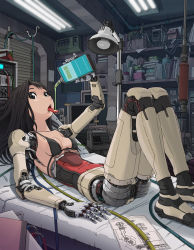 Rule 34 | 1girl, android, arm up, bikini, bikini top only, black eyes, black hair, window blinds, blueprint (object), breasts, cable, ceiling, drinking, face, fluorescent lamp, highres, holding, indoors, joints, knees up, lamp, legs together, long hair, looking at viewer, lying, mechanical arms, mechanical legs, mechanical parts, messy room, monitor, oil, on back, on bed, open mouth, original, paper, robot joints, shelf, small breasts, solo, strap gap, sukabu, swimsuit, tongue, tongue out