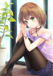 Rule 34 | 1girl, bare shoulders, black choker, black pantyhose, blush, brown hair, choker, closed mouth, collarbone, commentary request, criss-cross halter, crossed ankles, cutoffs, day, green eyes, halterneck, hands up, highres, hinoka (allen), indoors, knees up, no shoes, off-shoulder shirt, off shoulder, original, pantyhose, pantyhose under shorts, plant, potted plant, purple shirt, purple shorts, shirt, short hair, short shorts, shorts, smile, solo, window