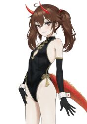 Rule 34 | 1girl, bare shoulders, black gloves, black leotard, brown eyes, brown hair, cleavage cutout, closed mouth, clothing cutout, commentary request, dragon horns, dragon tail, elbow gloves, flat chest, gloves, hair between eyes, highleg, highleg leotard, highres, horns, kantai collection, leotard, looking at viewer, nito (nshtntr), red horns, ryuujou (kancolle), simple background, sleeveless turtleneck leotard, smile, solo, tail, twintails, white background, white wrist cuffs, wrist cuffs