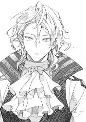 Rule 34 | 1boy, absurdres, amber (fire emblem), ascot, asymmetrical hair, fire emblem, fire emblem engage, greyscale, high collar, highres, illust mi, looking at viewer, male focus, monochrome, nintendo, portrait, short hair, solo, white ascot, white background