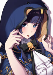 Rule 34 | 1girl, :p, absurdres, alternate costume, ascot, black bow, black bowtie, black hair, blue eyes, blue hair, blunt bangs, blush, bow, bowtie, cloak, colored inner hair, erezu, highres, hololive, hololive english, hood, hood up, hooded cloak, long hair, looking at viewer, multicolored hair, official alternate hair length, official alternate hairstyle, ouro kronii, shirt, simple background, smile, solo, streaked hair, tongue, tongue out, upper body, virtual youtuber, white ascot, white background, white shirt