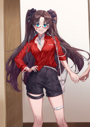 Rule 34 | 1girl, absurdres, bag, blush, breasts, brown hair, cleavage, collared shirt, cowboy shot, cross, cross earrings, earrings, fate/stay night, fate (series), glasses, grin, hair ornament, hair ribbon, hairclip, hand on own hip, handbag, highres, holding hands, jewelry, long hair, long sleeves, looking at viewer, neckerchief, parted bangs, qian pu liu shang, red shirt, ribbon, shirt, shorts, sleeves rolled up, smile, solo focus, star tattoo, tattoo, thigh strap, tohsaka rin, twintails
