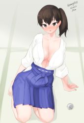 Rule 34 | 1girl, absurdres, blue hakama, breasts, brown eyes, brown hair, choko (cup), cup, drunk, hakama, hakama short skirt, hakama skirt, highres, japanese clothes, kaga (kancolle), kantai collection, large breasts, long hair, looking at viewer, maru (marg0613), one-hour drawing challenge, open clothes, seiza, side ponytail, sitting, skirt, solo