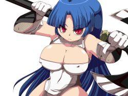 Rule 34 | 1girl, artist request, axe, bare shoulders, battle axe, blue hair, breasts, cleavage, covered erect nipples, curvy, dress, female focus, gloves, hime cut, holding, holding weapon, huge breasts, long hair, looking at viewer, nipples, no bra, pelvic curtain, red eyes, serious, shiny skin, short dress, simple background, solo, taimanin (series), taimanin asagi, taimanin murasaki, weapon, white background, yatsu murasaki