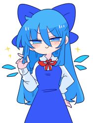 Rule 34 | 1girl, aged up, alternate hair length, alternate hairstyle, blue bow, blue dress, blue eyes, blue hair, bow, cirno, collared shirt, dress, hair bow, highres, ice, ice wings, long dress, long hair, neck ribbon, op na yarou, pinafore dress, puffy short sleeves, puffy sleeves, red ribbon, ribbon, shirt, short sleeves, simple background, sleeveless, sleeveless dress, smile, solo, touhou, white background, white shirt, wings