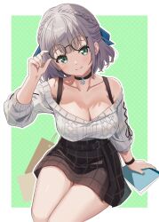 Rule 34 | 1girl, bare shoulders, belt, braid, breasts, choker, cleavage, cleavage cutout, closed mouth, clothing cutout, collarbone, glasses, green eyes, grey eyes, highres, hololive, kneeling, large breasts, mole, mole on breast, ribbed sweater, shirogane noel, short hair, smile, solo, sweater, thighs, tooo88, virtual youtuber