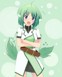Rule 34 | 10s, 1girl, ahoge, animal ears, belt, blue eyes, blush, buckle, dog days, dog ears, dog girl, dog tail, eclair martinozzi, green hair, open mouth, short hair, skirt, solo, tail, tail wagging, tsundere