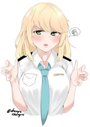 Rule 34 | 1girl, absurdres, blonde hair, blush, breasts, collared shirt, grand admiral marina, green eyes, guardian tales, hands up, highres, konpi, looking at viewer, medium breasts, medium hair, neckwear request, open mouth, shirt, solo, white shirt