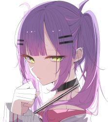 Rule 34 | 1girl, black choker, choker, clenched hand, dreamoon, earrings, from side, gradient hair, green eyes, hair ornament, hairclip, hand up, highres, hololive, jacket, jewelry, long hair, long sleeves, looking at viewer, multicolored hair, open mouth, pink hair, portrait, purple hair, simple background, solo, streaked hair, tokoyami towa, tokoyami towa (jirai kei), twintails, virtual youtuber, white background, white jacket