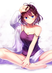 Rule 34 | 1girl, :3, alternate hairstyle, antenna hair, bad id, bad pixiv id, bare legs, bare shoulders, barefoot, blue eyes, blush, bottomless, breasts, camisole, cleavage, coat, unworn coat, collarbone, convenient arm, convenient censoring, hair between eyes, hand on ankle, hand on head, heart, heart-shaped pupils, highres, ichinose shiki, idolmaster, idolmaster cinderella girls, indian style, jitome, lab coat, large breasts, leaning forward, looking at viewer, naughty face, no bra, playing with own hair, purple camisole, purple hair, short hair, simple background, sitting, solo, strap slip, symbol-shaped pupils, tatsuhi226, white background