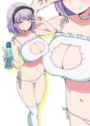 Rule 34 | 10s, 1girl, ao madoushi, bell, black hairband, blue eyes, blunt bangs, bottle, bra, breasts, cat cutout, cat ear panties, cat lingerie, choker, cleavage, cleavage cutout, clothing cutout, dagashi kashi, frilled bra, frills, hairband, highres, holding, holding bottle, index finger raised, jingle bell, large breasts, lingerie, looking at viewer, meme attire, nail polish, navel, neck bell, panties, purple hair, ramune, red nails, shidare hotaru, short hair, side-tie panties, simple background, smile, solo, thighhighs, underwear, underwear only, v over eye, white background, white bra, white choker, white panties, white thighhighs, zoom layer