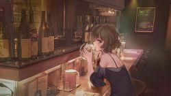 Rule 34 | 10s, 1girl, bar (place), bare shoulders, beer mug, bottle, brown hair, chair, cup, drinking, drinking glass, from side, green eyes, holding, holding cup, holding drinking glass, idolmaster, idolmaster cinderella girls, indoors, looking at viewer, md5 mismatch, mole, mole under eye, mug, pitcher (container), resolution mismatch, roki (0214278), short hair, short sleeves, sitting, solo, source larger, takagaki kaede, wine bottle