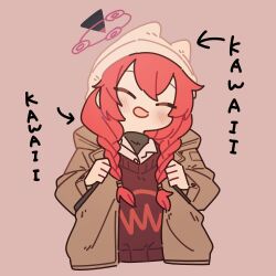 Rule 34 | 1girl, blue archive, blush, braid, brown background, brown jacket, brown shirt, closed eyes, collared shirt, hair between eyes, halo, hat, hood, hood down, hooded jacket, jacket, long hair, long sleeves, maki (blue archive), maki (camp) (blue archive), mikaku (vbvpahw9), official alternate costume, open clothes, open jacket, open mouth, red hair, red halo, shirt, simple background, solo, twin braids, twintails, upper body, white hat, white shirt