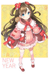 Rule 34 | 1girl, 2019, animal, blue eyes, blush, brown footwear, brown hair, chinese zodiac, chitetan, closed mouth, commentary request, dress, flower, full body, fur-trimmed sleeves, fur trim, hair between eyes, hair flower, hair ornament, happy new year, highres, long hair, long sleeves, looking at viewer, nengajou, new year, original, pig, pink dress, pink thighhighs, red flower, sleeves past fingers, sleeves past wrists, smile, solo, standing, thighhighs, two side up, very long hair, white flower, wide sleeves, year of the pig