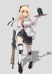 Rule 34 | 1girl, alternate costume, apron, artist name, assault rifle, black footwear, blonde hair, boots, braid, braided ponytail, breasts, elbow gloves, full body, girls&#039; frontline, gloves, gun, headphones, highres, holding, holding gun, holding tray, holding weapon, long hair, looking at viewer, m4 sopmod ii, m4 sopmod ii (girls&#039; frontline), maid, maid apron, multicolored hair, open mouth, red eyes, rifle, shadow, short ponytail, smile, solo, ss-7, standing, streaked hair, thighhighs, thighs, tray, weapon, white background, white gloves, white thighhighs