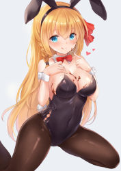 Rule 34 | 1girl, :q, alternate costume, animal ears, black hairband, black leotard, blue eyes, blush, bow, bowtie, braid, breasts, brown pantyhose, chocolate, chocolate on body, chocolate on breasts, cleavage, closed mouth, commentary request, covered navel, detached collar, fake animal ears, fake tail, food on body, grey background, hair ribbon, hairband, hand on own chest, heart, knees together feet apart, leotard, long hair, looking at viewer, medium breasts, nikoo, orange hair, pantyhose, pecorine (princess connect!), playboy bunny, princess connect!, rabbit ears, rabbit tail, red bow, red bowtie, red ribbon, ribbon, side braid, simple background, smile, solo, strapless, strapless leotard, tail, tongue, tongue out, very long hair