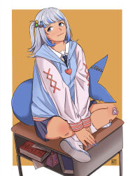Rule 34 | 1girl, :3, bandaid, bandaid on knee, bandaid on leg, blue eyes, blue nails, blue necktie, blue skirt, book, border, closed mouth, collared shirt, commentary, costume request, cross-laced clothes, cross-laced sleeves, desk, drawstring, english commentary, fins, fish tail, gawr gura, gawr gura (school uniform), grey hair, hair bobbles, hair ornament, heart, highres, hololive, hololive english, hood, hood down, hoodie, indian style, keiokie, looking to the side, mary janes, medium hair, miniskirt, multicolored hair, multicolored hair bobbles, necktie, official alternate costume, one side up, orange background, outside border, pencil case, shark girl, shark tail, shirt, shoes, simple background, sitting, skirt, socks, solo, streaked hair, tail, virtual youtuber, white border, white footwear, white shirt, white sleeves, white socks