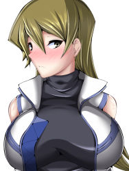 Rule 34 | 1girl, bare shoulders, blonde hair, blush, breasts, brown eyes, highres, impossible clothes, large breasts, long hair, looking at viewer, mousou fukuza gata, nose blush, open clothes, open vest, school uniform, sleeveless, solo, tenjouin asuka, turtleneck, upper body, vest, yu-gi-oh!, yu-gi-oh! arc-v