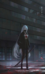 Rule 34 | 1girl, aoi ogata, artist name, black footwear, black jacket, black pantyhose, black sailor collar, black skirt, blood, boots, breasts, building, clip studio paint (medium), commentary, english commentary, grey eyes, grey hair, hair between eyes, hand in pocket, high heel boots, high heels, highres, holding strap, jacket, katana, long hair, mask, medium breasts, mouth mask, neckerchief, one side up, open clothes, open jacket, original, outdoors, pantyhose, pleated skirt, red neckerchief, sailor collar, sheath, sheathed, shirt, skirt, solo, standing, sword, translation request, very long hair, weapon, white shirt, window