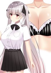 Rule 34 | 1girl, absurdres, arm at side, azur lane, black bra, black ribbon, black skirt, blunt bangs, blush, bra, breast pocket, breasts, cleavage, closed mouth, collarbone, collared shirt, cowboy shot, dress shirt, formidable (azur lane), frilled bra, frills, hair ribbon, highres, large breasts, long hair, looking at viewer, multiple views, neck ribbon, pink eyes, pleated skirt, pocket, ribbon, shirt, shirt tucked in, short sleeves, silver hair, simple background, skirt, smile, striped bra, striped clothes, twintails, underwear, vertical-striped bra, vertical-striped clothes, very long hair, white background, white shirt