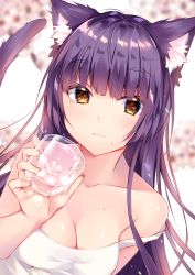 Rule 34 | 1girl, animal ear fluff, animal ears, bare shoulders, blush, breasts, brown eyes, cat ears, cat girl, cat tail, cleavage, closed mouth, collarbone, commentary, cup, hair between eyes, highres, holding, holding cup, long hair, looking at viewer, medium breasts, mole, mole on breast, mole under eye, mole under mouth, original, purple hair, sleeveless, smile, solo, tail, thick eyebrows, usagihime