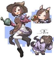 Rule 34 | 1girl, air groove (umamusume), amonitto, animal ears, apron, black footwear, blush, boots, bouquet, brown eyes, brown hair, closed eyes, closed mouth, commentary request, cowering, flower, gloves, hat, head down, highres, horse ears, horse girl, horse tail, inset, multiple views, open mouth, pink gloves, puffy short sleeves, puffy sleeves, purple shirt, rubber boots, sailor collar, school uniform, shirt, short hair, short sleeves, smile, straw hat, tail, thighhighs, tracen school uniform, umamusume, watering can, white thighhighs