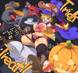 Rule 34 | 1girl, alice wishheart, blonde hair, blue eyes, boots, braid, breasts, broom, broom riding, cake, candy, cape, cat, chocolate, cosplay, fang, food, gloves, halloween, hat, huge breasts, jack-o&#039;-lantern, kawacchi hirohiro, long hair, original, panties, solo, thighhighs, underwear, witch, witch hat