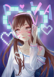 Rule 34 | 1girl, :3, breasts, brown hair, casual, character name, collarbone, d.va (overwatch), eyelashes, eyeliner, facepaint, facial mark, fingernails, ginger cat (ginger z), hand on headphones, headphones, heart, highres, light smile, long fingernails, long hair, long sleeves, looking at viewer, makeup, nail polish, off shoulder, overwatch, overwatch 1, pink eyes, pink lips, pink nails, pink pupils, pixel heart, purple background, small breasts, solo, swept bangs, upper body, whisker markings