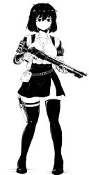 Rule 34 | 1girl, absurdres, breasts, cleavage, formicid, gloves, greyscale, gun, highres, holding, holding gun, holding weapon, knife, knife sheath, knife sheath, large breasts, monochrome, original, pouch, revision, sheath, shotgun, skirt, solo, thighhighs, weapon