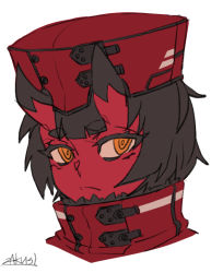 Rule 34 | 1girl, black hair, closed mouth, coat, colored skin, commentary, english commentary, flat color, hat, horns, kidouko (zakusi), looking at viewer, oni, oni horns, orange eyes, original, portrait, red coat, red hat, red oni, red skin, ringed eyes, short hair, signature, simple background, solo, white background, zakusi