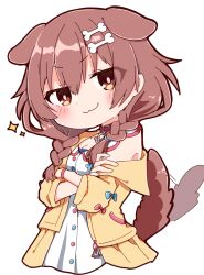 Rule 34 | 1girl, :3, animal collar, animal ears, braid, brown eyes, brown hair, chibi, closed mouth, collar, cropped torso, crossed arms, dog ears, dog girl, dog tail, doyagao, dress, extra ears, hair between eyes, hair ornament, hair over shoulder, hairclip, hololive, inugami korone, inugami korone (1st costume), jacket, long hair, looking at viewer, low twin braids, low twintails, off shoulder, open clothes, open jacket, rabiiandrain, red collar, short dress, simple background, sleeveless, sleeveless dress, smug, solo, sparkle, tail, tail wagging, twin braids, twintails, virtual youtuber, white background, white dress, yellow jacket