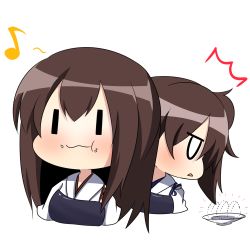 Rule 34 | 10s, 2girls, ^^^, akagi (kancolle), brown hair, chibi, eating, food, food on face, jitome, kaga (kancolle), kantai collection, long hair, multiple girls, muneate, musical note, onigiri, outline, plate, quaver, side ponytail, simple background, triangle mouth, twumi, white background, | |