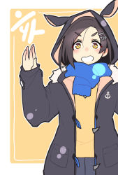Rule 34 | 1girl, alternate costume, animal hood, black hair, black jacket, black skirt, blue scarf, blush, border, clenched teeth, commentary request, cowboy shot, forehead, hair ornament, hairclip, hands up, highres, hood, hooded jacket, jacket, kantai collection, kuroshio (kancolle), kuroshio kai ni (kancolle), long sleeves, looking at viewer, open clothes, open jacket, outline, outside border, pleated skirt, rabbit hood, scarf, shirt, simple background, skirt, solo, standing, taketora suzume, teeth, white border, white outline, yellow background, yellow eyes, yellow shirt