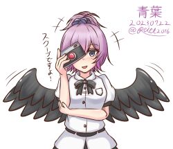 Rule 34 | 1girl, aoba (kancolle), bird wings, black wings, blue eyes, blue scrunchie, blush, breasts, camera, cosplay, hair ornament, hair scrunchie, highres, holding, holding camera, kantai collection, medium breasts, open mouth, ponytail, purple hair, ribbon, riretsuto, scrunchie, shameimaru aya, shameimaru aya (cosplay), shirt, short sleeves, skirt, smile, touhou, trait connection, wings