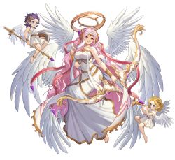 Rule 34 | 1girl, 2others, absurdres, ambiguous gender, angel, angel wings, archangel gabriel (guardian tales), arm at side, artist request, bow (weapon), bracer, breasts, diadem, dress, feathered wings, feathers, game cg, guardian tales, hair ornament, halo, hand up, highres, holding, holding bow (weapon), holding feather, holding weapon, long hair, looking at viewer, medium breasts, multiple others, multiple wings, official art, open mouth, pink hair, red eyes, seraph, shield, smile, transparent background, weapon, wings