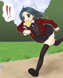 Rule 34 | !, !!, ^^^, black thighhighs, blazer, blouse, blue eyes, blush, bow, bowtie, bread slice, food, food in mouth, green hair, jacket, mouth hold, original, panties, pantyshot, pleated skirt, running, school uniform, shirt, shoes, skirt, solo, sweater vest, thighhighs, toast, toast in mouth, underwear, usashiro mani, vest, white panties