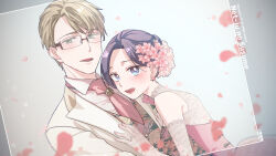 1boy 1girl :d ascot blonde_hair blue_eyes copyright_name dress earrings elbow_gloves floral_print flower flower_earrings formal_clothes gloves green_eyes hair_flower hair_ornament hand_on_another&#039;s_chest hetero highres jewelry kokuyou_rin lace lace_gloves looking_at_viewer mole mole_under_mouth morioka_moriko netojuu_no_susume open_mouth petals pink_ascot purple_hair sakurai_yuuta short_hair smile suit white_suit