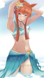 Rule 34 | 1girl, absurdres, animal ears, aqua eyes, arm at side, armpits, arms up, bare shoulders, bikini, bracelet, braid, breasts, cleavage, commentary request, cowboy shot, crown braid, flower, hair flower, hair ornament, hand on own hip, highres, horse ears, horse girl, horse tail, jewelry, kirameki (rikukaikuu), long hair, looking at viewer, mouth hold, navel, necklace, orange hair, sarong, silence suzuka (emerald on the waves) (umamusume), silence suzuka (umamusume), small breasts, smile, solo, swimsuit, tail, thigh strap, umamusume