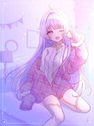 Rule 34 | 1girl, absurdres, ahoge, blush, conika laurel, cosmonoah, highres, jacket, long hair, nogikawa, one eye closed, open clothes, open jacket, open mouth, pastel colors, plaid, plaid jacket, purple eyes, purple hair, shirt, solo, thighhighs, virtual youtuber, waking up, white shirt, white thighhighs