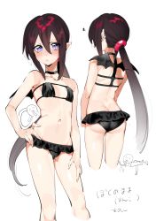 Rule 34 | &gt;:(, 1girl, absurdres, ass, bad id, bad pixiv id, bare arms, bare shoulders, bat wings, bikini, black bikini, blush, breasts, butt crack, chibi, chibi inset, closed mouth, contrapposto, cropped legs, eyepatch bikini, facing away, fingernails, frilled bikini, frills, frown, hair between eyes, hand on own hip, highres, lady bat, licking, long hair, looking at viewer, mermaid melody pichi pichi pitch, multiple views, navel, ohisashiburi, pointy ears, ponytail, purple eyes, simple background, slit pupils, small breasts, squiggle, standing, swimsuit, v-shaped eyebrows, very long hair, white background, wings