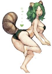 Rule 34 | 1girl, animal ears, ass, bikini, black bikini, female focus, green eyes, green hair, heart, htm (gixig), japanese text, long hair, looking at viewer, open mouth, original, raccoon ears, raccoon tail, simple background, smile, solo, swimsuit, tail, tongue, tongue out, white background