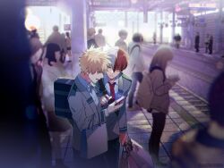 Rule 34 | 2boys, arm at side, backpack, bag, bakugou katsuki, black pants, blazer, blonde hair, blue eyes, blurry, blurry background, bokeh, boku no hero academia, burn scar, buttoned cuffs, buttons, cactusnabe, cellphone, chromatic aberration, collared shirt, commentary request, crowd, depth of field, double horizontal stripe, eyebrows hidden by hair, faceless, from side, grey eyes, grey jacket, hair between eyes, hand up, heterochromia, highres, holding, holding bag, holding phone, jacket, lapels, leaning forward, long sleeves, looking at phone, looking down, multicolored hair, multiple boys, necktie, notched lapels, open mouth, outdoors, outline, pants, parted hair, parted lips, people, perspective, phone, pocket, pointing, profile, railroad tracks, red eyes, red hair, red necktie, scar, scar on face, school uniform, shirt, shopping bag, short hair, shoulder bag, sign, smartphone, spiked hair, split-color hair, standing, straight hair, tactile paving, talking, tile floor, tiles, todoroki shouto, train station, train station platform, twitter username, two-tone hair, u.a. school uniform, walking, white hair, white outline, white shirt, wide shot, wing collar