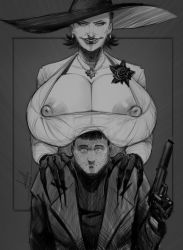 Rule 34 | 1boy, 1girl, alcina dimitrescu, areola slip, black lips, breast rest, breasts, breasts on head, chris redfield, claws, cleavage, devilhs, dress, facial hair, fingernails, gigantic breasts, gloves, greyscale, gun, handgun, hands on another&#039;s shoulder, hat, height difference, hetero, highres, holding, holding gun, holding weapon, huge nipples, jewelry, large areolae, lipstick, long fingernails, makeup, monochrome, necklace, nipple slip, nipples, no bra, pale skin, pistol, rape face, resident evil, resident evil village, sharp fingernails, short hair, stubble, sun hat, surprised, tall female, weapon
