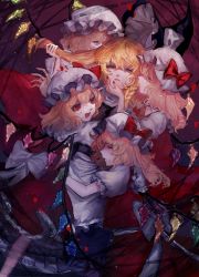Rule 34 | 5girls, apron, bad id, bad pixiv id, black hat, blonde hair, bow, braid, closed eyes, commentary request, fang, female focus, flandre scarlet, grabbing another&#039;s hair, hair between eyes, hat, hat bow, highres, kirisame marisa, lying, mob cap, mochacot, multiple girls, on back, open mouth, red bow, red eyes, red skirt, side braid, skirt, skirt set, smile, touhou, vest, waist apron, white hat, wings, witch hat, yuri