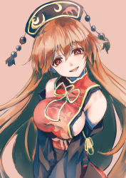 Rule 34 | 1girl, bare shoulders, black dress, blush, breasts, chinese clothes, commentary, detached sleeves, dress, hat, highres, junko (touhou), large breasts, long hair, long sleeves, open mouth, orange hair, red eyes, shirt, sideboob, smile, solo, tabard, touhou, upper body, very long hair, yohane